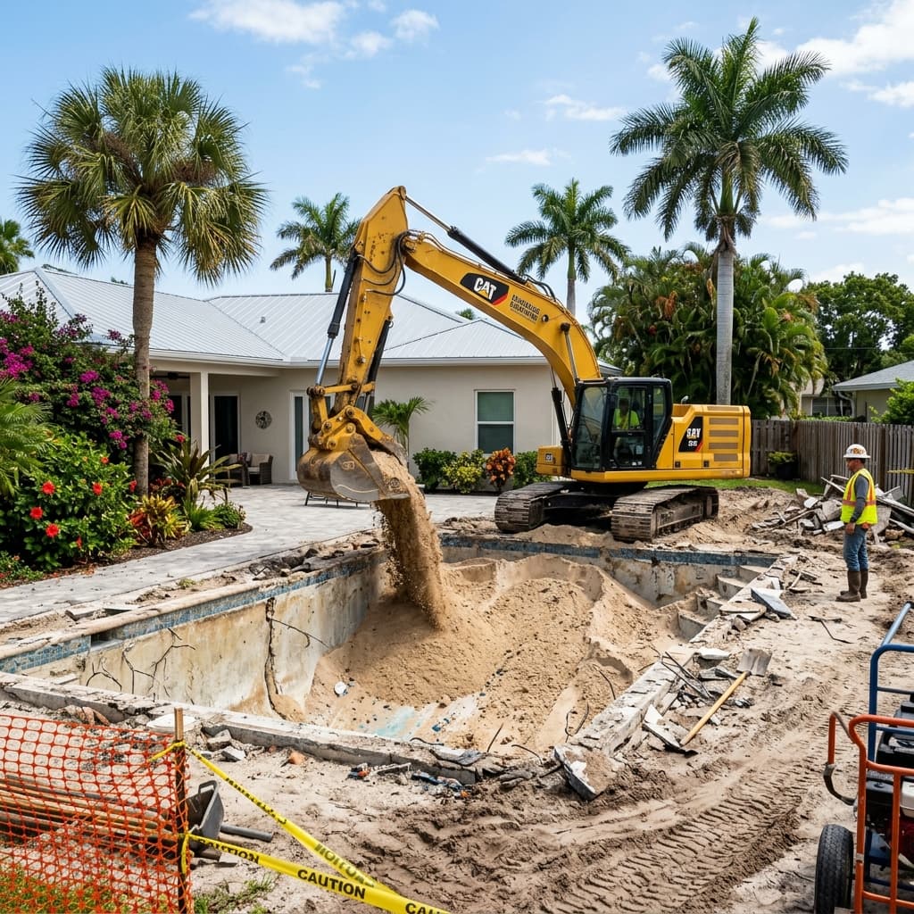 Excavator performing pool demolition and backfill work in Tampa, Florida